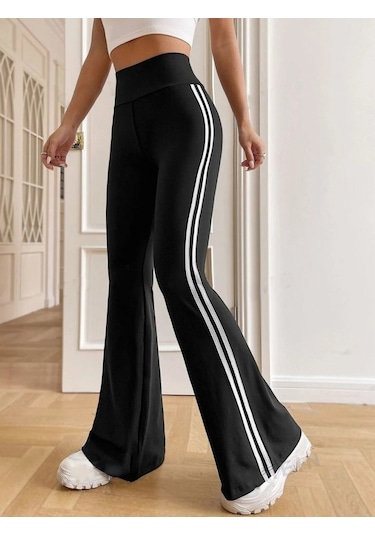 Kadın Yüksek Bel Şerit Detaylı Ispanyol Paçalı Dalgıç Pantolon