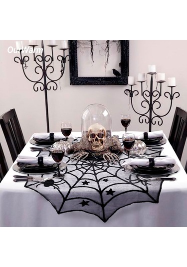 Partisi Siyah Dantel Örümcek Ağı Masa Örtüsü Dekorasyonu Boyut: 102x102cm