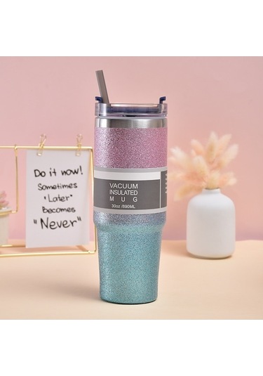 Rogfer 30oz Parıltılı Yalıtım Kahve Fincanı Çift Katmanlı Buz Kupası Saman İle Paslanmaz Çelik Araba Kupası Pembe Mavi Pembe - Mavi