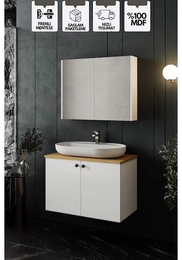 Karen Banyo Mimoza 80 Cm Tezgahlı, Aynalı Banyo Dolabı Seti, Seramik Lavabo Dahil, Beyaz, Mdf Beyaz