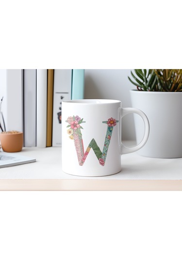 W Harfli Retro Çiçekli Kupa Bardak - Patchwork Tarz Yamalı Desenli İsme Özel Kupa - Hediye 07 Beyaz