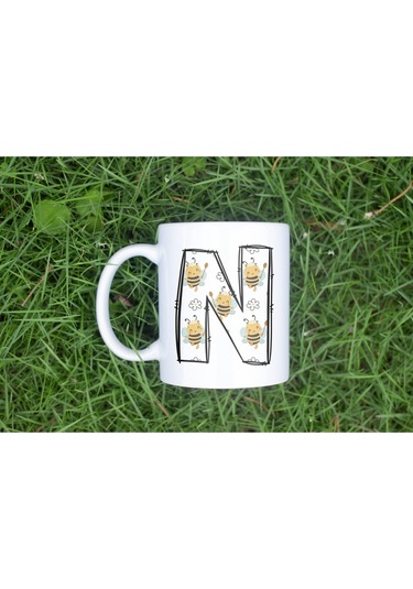 N Harfi Arı Desenli Kupa - Sevimli Hayvan Temalı Kişiye Özel Kahve Kupası - Şans Kupası Beyaz