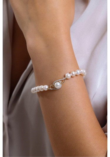 5 Mm Zirkon Taşlı Doğal İnci Bileklik 20 Cm / Beyaz Beyaz Beyaz Altın