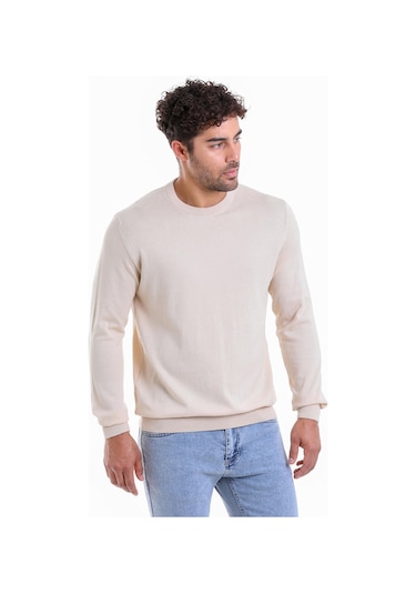 Hatemoğlu Erkek Regular Fit Düz Bisiklet Yaka Pamuklu Triko Kazak Bej Bej - Beyaz