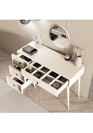 2252 Rose Ahşap Ayaklı Mdf Çerçeveli Makyaj Masası Beyaz-yunus