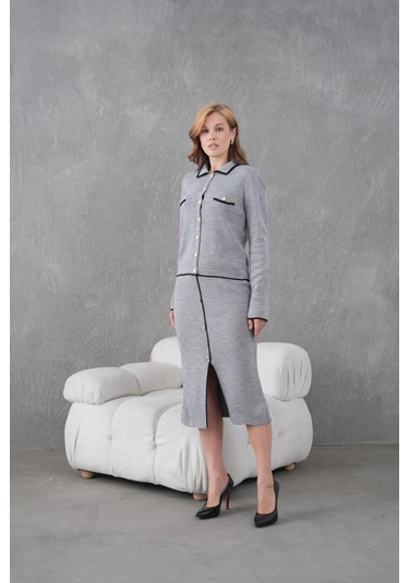 Kadın Polo Yaka Düğme Detay Ceket Uzun Etek İkili Triko Takım Gri