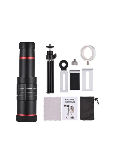 Yaozixa 18x Uzun Mesafe Telefoto Lens - Universal Telefon Kameraya Takılabilir, Manuel Odaklama, Alüminyum Gövde Siyah