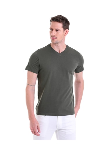 Hatemoğlu Haki Düz Slim Fit 100% Pamuk V Yaka Tişört Haki