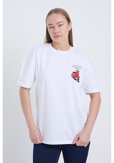Velvoria Unisex Oversize Beautıful Ride Baskılı Beyaz Renk T-shirt