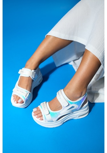 Arthur Beyaz Payetli Bantlı Kalın Taban Kadın Spor Sandalet Beyaz