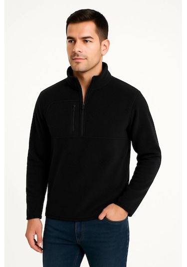 Erkek Polar Kazak Dik Yaka, Yarım Fermuarlı, Fermuarlı Göğüs Cepli, Siyah Biyeli, Kışlık Rahat Regular Fit Günlük Model - Siyah Siyah