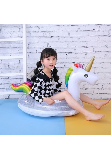 0-5 Yaş Beyaz Simli Unicorn Bebek Şişme Deniz Simidi, Çocuk Deniz Can Simidi, Yüzme Simidi Beyaz