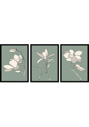 Modern Line Art Çiçekler Üçlü Çerçeveli Mdf Tablo Seti-174297