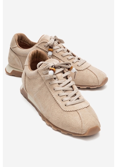 Brea Bej Süet Hakiki Deri Boncuklu Kadın Günlük Sneaker Bej