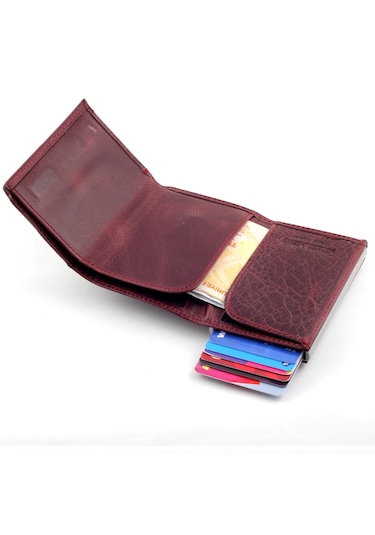 Ancora Leather Crazy Hakiki Deri Erkek Cüzdanı Mekanizmalı Bordo