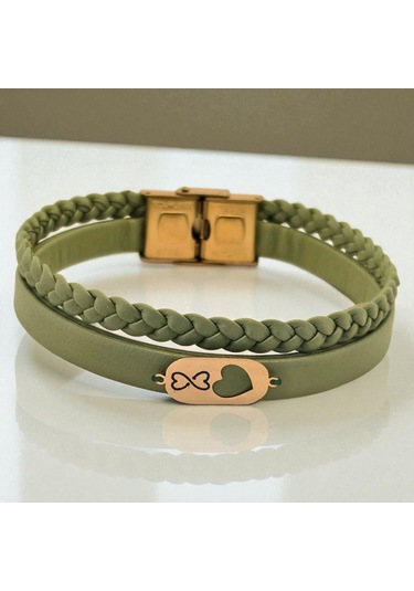 Archin Sonsuzluk Temalı 14 Ayar Altın Plakalı Zeytin Yeşili Derili Kalp Motifli Hediye Bileklik-556sembol Sonsuz Kalp