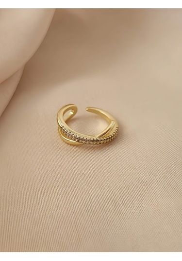 Çapraz X Model Zirkon Taşlı Ayarlanabilir Gold Altın Renkli Yüzük Gold