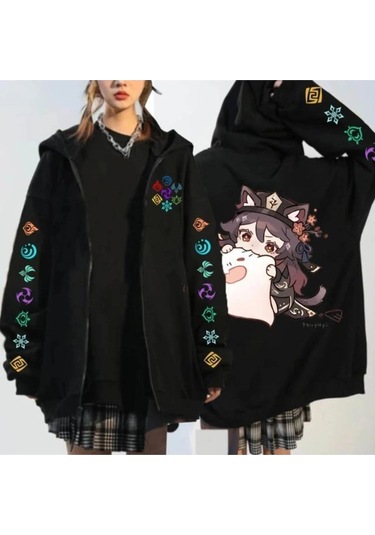 Adrift Genshin Oyun Fermuarlı Hoodies 12819 Siyah