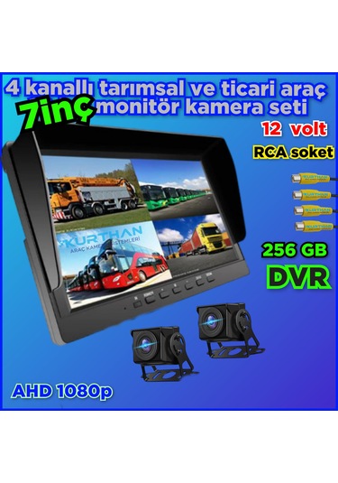 2 Adet 1080p Ahd 180 Derece Balık Gözü Kamera 7 İnç 256 Gb Destekli Hybrid Dvr Monitör 12 Volt