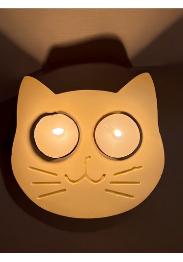 Sarı Kedi Şekilli Beton Mumluk - El Yapımı Dekoratif Çay Işığı Tealight Mumluk - Minimalist Kedi Tem Sarı