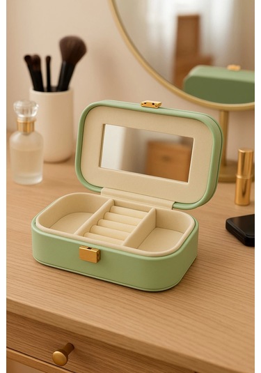 Deri Mini Seyahat Takı Bijuteri Mücevher Kutusu Organizer Düzenleyici 15cm Yeşil İthal Ürün