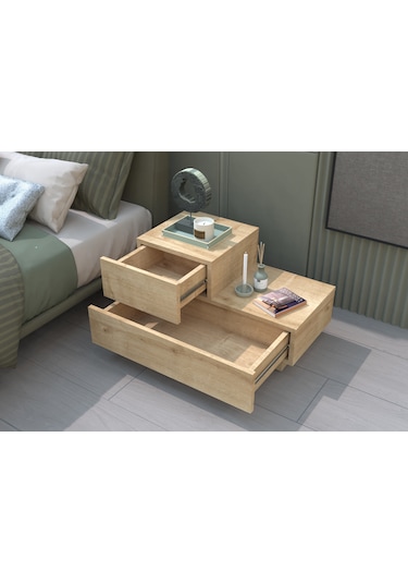 Kayra Kmd002 Led Işıklı Komodin 2 Çekmeceli Modern Tasarım Safir Meşe