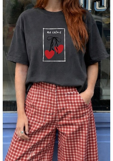 Kadın Premium Kumaş Antrasit Baskılı Oversize T-shirt Antrasit
