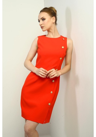 Kadın Kendinden Telalı Yan Düğmeli Kısa Elbise-40667 Mercan