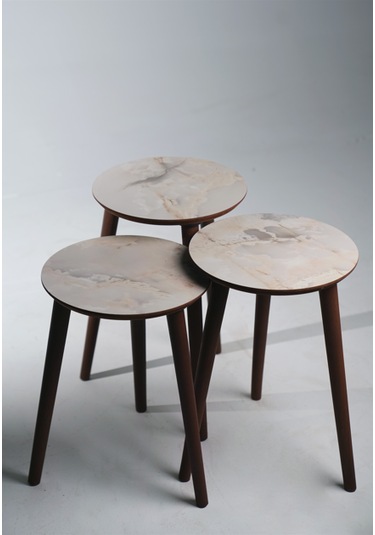 Madrid 3'lü Zigon Sehpa %100 Mdf Yuvarlak Buz Gri Mermer Desen