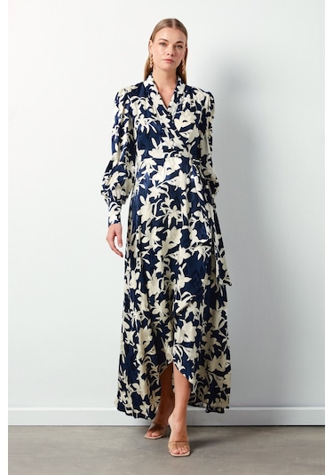 Sateen Çiçek Desenli Uzun Elbise - Lacivert