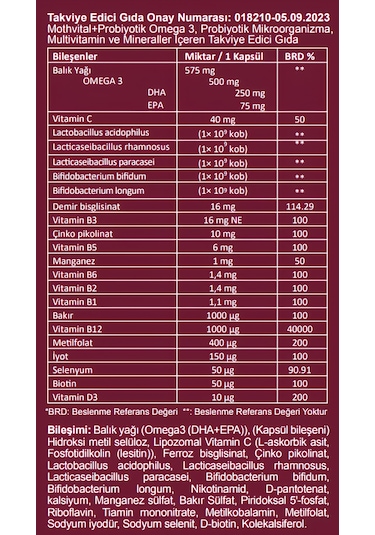 Sundex Mothvital+Probiyotik Omega 3 Takviye Edici Gıda 2 x 30 Kapsül