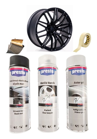 Presto Mat Siyah Sprey Jant Boyama Seti+vernik+astar 500 Ml.