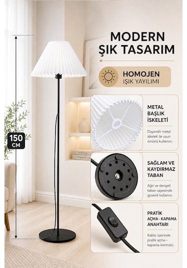 Metal Lambader Siyah 150 Cm Tek Ayaklı Pileli Beyaz Modern Kumaş Başlık Lam08