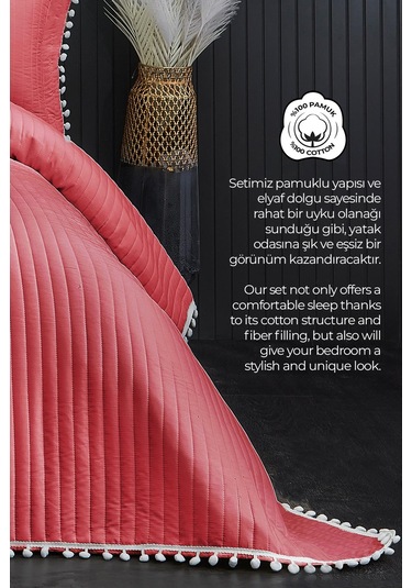 Evlen Home Ponponlu Çift Kişilik %100 Pamuk Yatak Örtüsü Pike Takımı Kırmızı