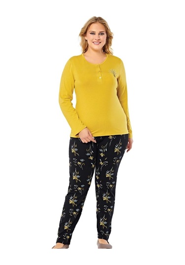 Alperi B79-37 Büyük Beden Battal Uzun Kol Pijama Takımı - Hardal