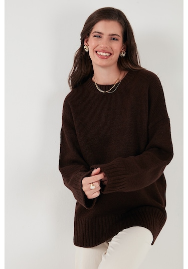 Lela Regular Fit Bisiklet Yaka Basic Triko Bayan Kazak 4616213 Kahve