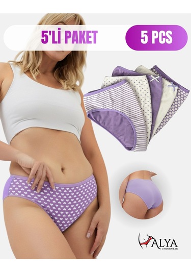 Alya Underwear Pamuklu Kadın Külot Slip Empirme Baskılı Yüksek Bel İç Çamaşırı - 5'li Paket - Lacivert Çok Renkli P28 Lila