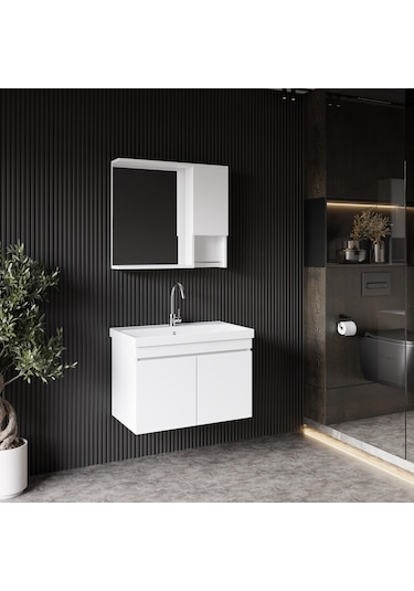 Karen Banyo Deniz Banyo Dolabı Seti, 80 Cm Beyaz, Lavabo Dahil, Lavabolu Beyaz