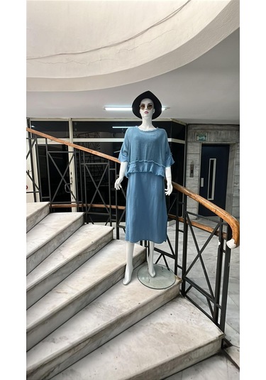 İtalyan Saçak Detaylı Müslin Keteni Yırtmaçlı Elbise - Bluz & 2'li Takım-9905 Koyu İndigo