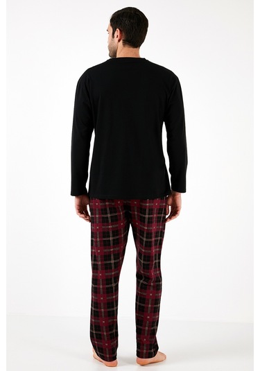 Buratti Ekoseli Cepli Beli Lastikli % 100 Pamuk Regular Fit Erkek Pijama Takımı 6572001 Siyah-Bordo