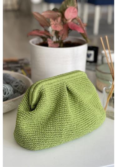 El Yapımı Açık Yeşil Renkli Pileli Örgü El Çantası Yeşil