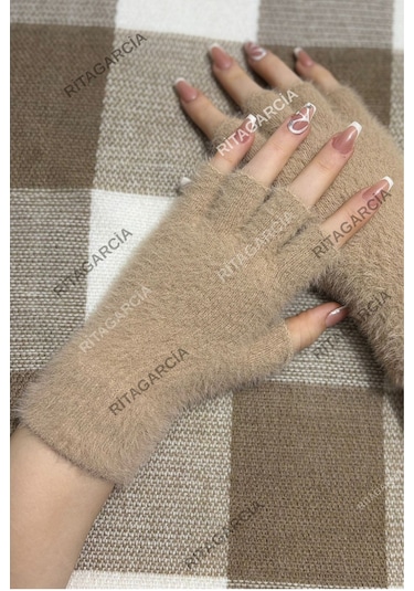 Peluş Kesik Parmak Eldiven Bej2