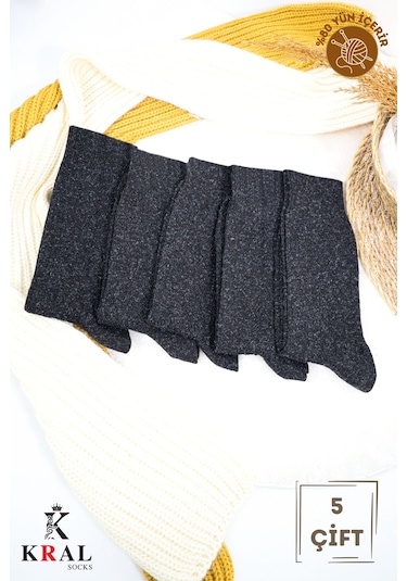 Kral Socks Erkek Kışlık Termal Etkili 5'li Paket Lambswool Kuzu Yün Çorap Siyah