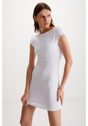 Arcene Kadın Organik Pamuklu Likrali Vücüdu Saran Bodycon Tek Parça Beyaz Elbise