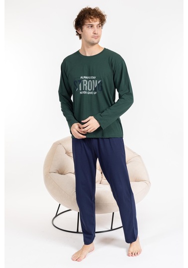 Erkek Penye Pamuk Regular Kalıp Sıfır Yaka Kaliteli Pijama Takımı A803123 Yeşil