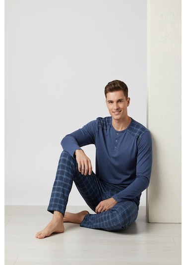 Erkek İnterlok Rahat Kalıp Sıfır Yaka Pamuk Pijama Takımı 6779 Mavi