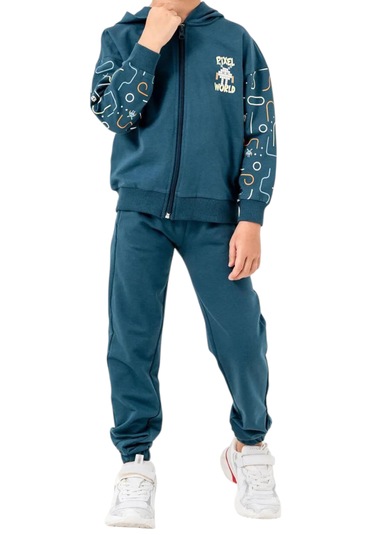 Erkek Çocuk Pixel World Yazılı Fermuar Kapamalı Kapüşonlu Arka Cebi Desenli Eşofman Takımı Yeşil