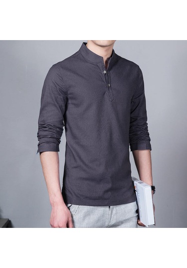 Rahat Up Polo Gömlek Erkekler Moda Uzun Kollu Mandarin Yaka Gömlek Erkek Rahat Keten Gömlek Adam Artı Beyaz Gri