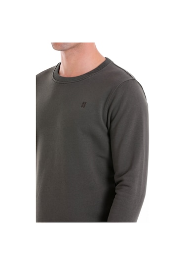 Hatemoğlu Haki Regular Fit Düz Pamuklu Bisiklet Yaka Sweatshirt Haki