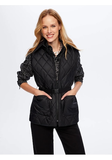 Faik Sönmez Beli Kemer Detaylı Kadın Kapitone Yelek W26kyl003 Siyah